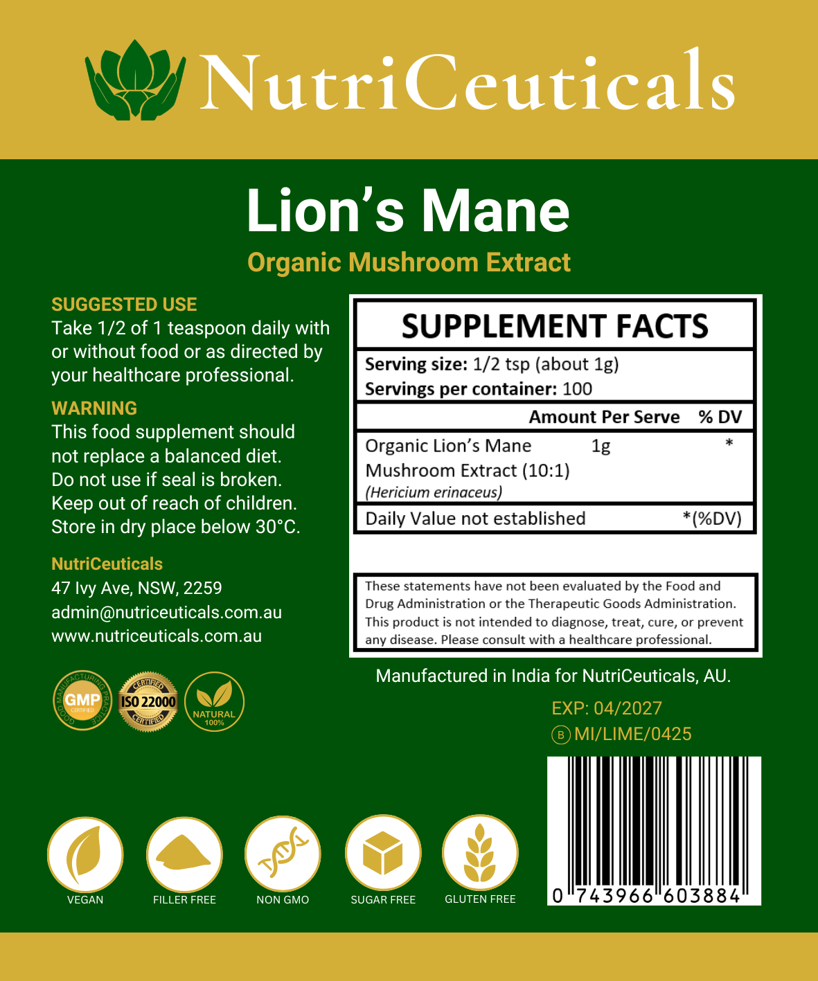 Lion's Mane Mushroom Organic Powder 100g